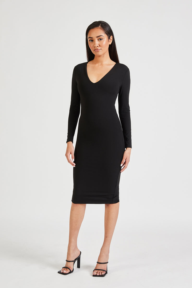 Long Sleeve V Neck Midi Dress - Black – BOA